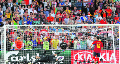 The ball hits the post before rolling in off a Cesc Fabregas spot-kick which proved fortunate for Spain in the penalty shootout against Portugal at Donbass Arena in Donetsk on Wednesday. Spain won 4-2 on penalties. � Reuters