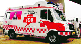 An ambulance with Chief Minister Parkash Singh Badal�s photograph in Ludhiana.