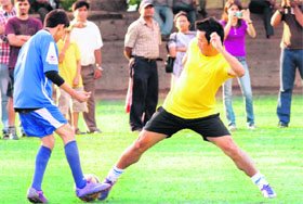 Baichung Bhutia in action during an exhibition match in Chandigarh on Saturday.