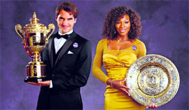 Roger Federer and Serena Williams pose for pictures with their Wimbledon trophies at the Champions Dinner in London.