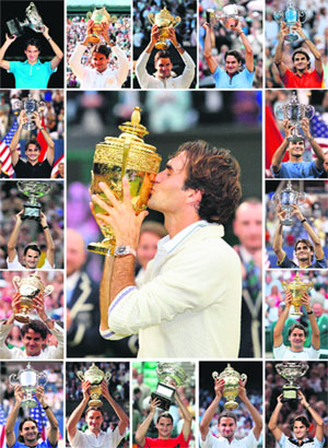 A combination of photographs shows Roger Federer holding up his 17 Grand Slam trophies. Federer won his seventh Wimbledon men's singles title and his 17th career Grand Slam title at Wimbledon on Sunday. His 17 Grand Slam victories are � Centre: Wimbledon 2012. 1st row: Australian Open 2010, Wimbledon 2007, Wimbledon 2009, Roland Garros 2009, US Open 2008. 2nd row: US Open 2007, US Open 2006. 3rd row: Australian Open 2006, US Open 2005. 4th row: Wimbledon 2006, Wimbledon 2005. 5th row: US Open 2004, Wimbledon 2004, Australian Open 2004, Wimbledon 2003, Australian Open 2007. 