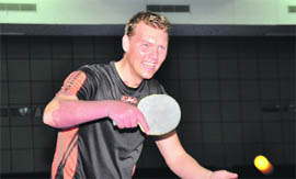 Five-time table tennis world champion Peter Karlsson in Faridabad on Tuesday. 