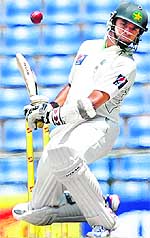 Pakistan�s Azhar Ali avoids a short ball on the fourth day of the third Test against Sri Lanka in Pallekele on Wednesday