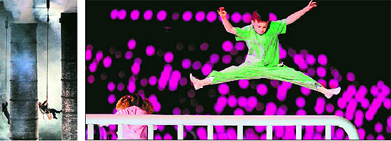 Performers depicting the Industrial Revolution take part in the opening ceremony.; and (right) Children perform on trampolines as dancers play Great Ormond Street Children's Hospital staff