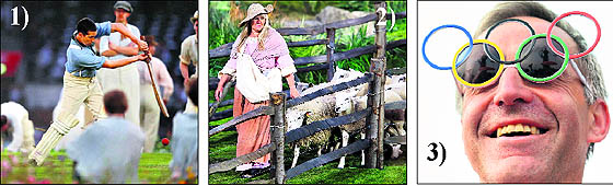 Actors play cricket as they perform in the British meadow scene