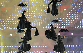 Actors dressed as Mary Poppins perform during the London Olympics Opening Ceremony on Friday night.