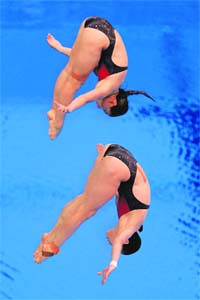 China's Wu Minxia and He Zi dive during the women's synchronised 3m springboard diving on Sunday