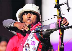 India's Deepika Kumari shoots during the women's archery team competition on Sunday