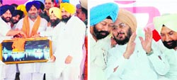Deputy CM Sukhbir Badal at the SAD rally at Baba Bakala (L) and Congress leader Laal Singh with HS Ajnala at the Congress rally. Photos: Vishal Kumar