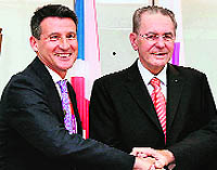 IOC president Jacques Rogge with LOCOG chariman Seb Coe in London on Sunday