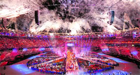 Fireworks explode from the periphery of the Olympic stadium during the closing ceremony of 2012 Olympic Games on Sunday