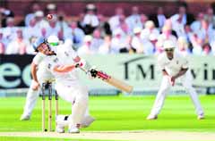 England skipper Andrew Strauss evades a bouncer at Lord�s on Friday.