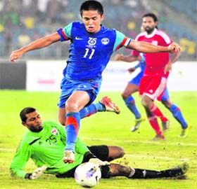 Skipper Sunil Chetri in action during the team�s win over Maldives in New Delhi on Saturday
