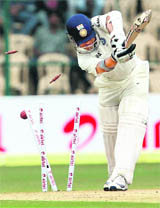 Sachin is clean bowled by Kiwi pacer Doug Bracewell on Saturday.
