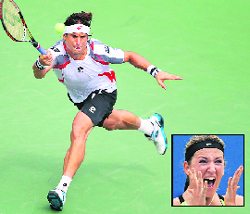David Ferrer of Spain returns to Richard Gasquet in the fourth round of the US Open and (inset) Victoria Azarenka of Belarus celebrates after defeating Samantha Stosur. � AFP, Reuters