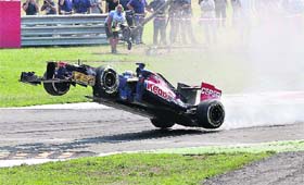 Toro Rosso�s Jean-Eric Vergne loses control of his car during the Italian F1 GP in Monza on Sunday. Vergne was forced to retire