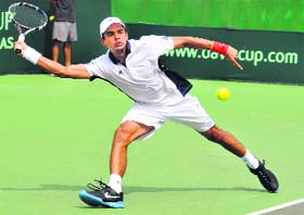 Sanam Singh returns to Artem Sitak of New Zealand in their Davis Cup match in Chandigarh on Sunday.