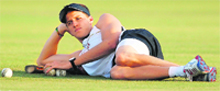 South Africa's Morne Morkel rests during a practice session Hambantota on Wednesday. � Reuters