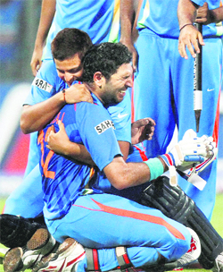 Yuvraj Singh, Player of the Tournament, can�t hold back his tears after India won the World Cup last year