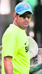 MS Dhoni during net practice in Colombo on Wednesday. 