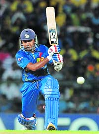Sri Lanka captain Mahela Jayawardene plays a shot during the semifinal against Pakistan on Thursday. � AFP