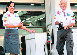 Monisha Kaltenborn with Sauber F1 team founder Peter Sauber in Yeongam, Korea, on Thursday. � AFP