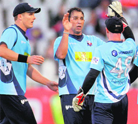 Azhar Mahmood celebrates the fall of Brendon Mc Cullum�s wicket on Monday. 