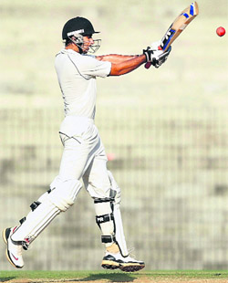 Ishank Jaggi pulls one through midwicket on Day Three of the Duleep Trophy final on Tuesday. 