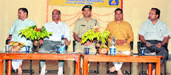 District police chief Rakesh Kumar Arya (second from right) at the closing ceremony of the three-day CBSE XV Cluster Football Tournament for boys under-19 at Gita Niketan Awasiya Vidyalya, Kurukshetra. Photo: DR Vij