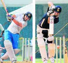 Yuvraj Singh, Suresh Raina slug it out during the nets in Mumbai. Both are vying for the No.6 place in the playing XI. � PTI