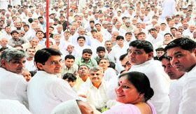Education Minister Geeta Bhukkal accompanied by Rohtak MP Deepender Hooda on dais during workers� meeting in Jhajjar. Photo by writer