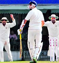 Hyderabad skipper VVS Laxman (23) looks at the umpire as Amitoze Singh gets him out LBW on Day One of their Ranji Trophy match at the Punjab Cricket Association Stadium in Mohali on Friday