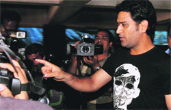Team India skipper MS Dhoni comes out of the selection committee meeting in Mumbai on Monday. � PTI