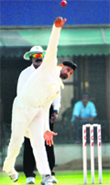 Harbhajan Singh bowls during the Punjab-Hyderabad Ranji Trophy tie. � Tribune Photo
