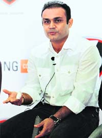 Virender Sehwag during a promotional event in New Delhi on Tuesday