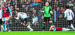 Manchester United�s Javier Hernandez celebrates after scoring their third goal during their English Premier League win over Aston Villa in Birmingham on Saturday. Manchester United won 3-2