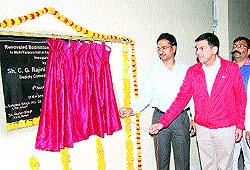 Deputy Commissioner CG Rajini Kaanthan inaugurates a badminton synthetic court at Rao Tula Ram Stadium in Rewari