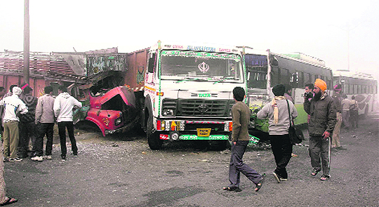 A view of the piled-up vehicles on the Jalandhar-Amritsar highway on Friday morning. 