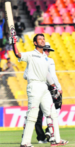Cheteshwar Pujara clebrates after scoring double century on Friday. � PTI