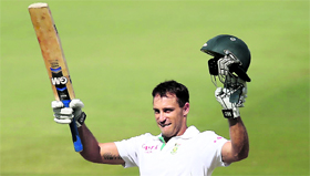 Faf du Plessis raises bat after scoring a century on fifth day of the second Test. 