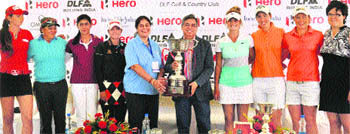 Women golfers along with Hero Motocorp CEO Pawan Munjal and Women Golf Association of India chief Kavita Singh during the launch of Hero Women�s Indian Open-2012 Golf Tournament in Gurgaon on Wednesday. 