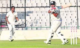 Rajasthan�s Deepak Chahar pulls one to the boundary in Mohali on Saturday