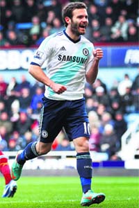 Chelsea�s Juan Mata after scoring against West Ham during their English Premier League match in London on Saturday