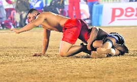 Action from the match between England and Denmark. 