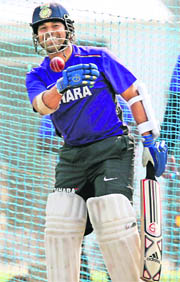 Sachin Tendulkar trains ahead of the third Test in Kolkata on Tuesday.
