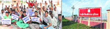 Residents stage a dharna outside Central University, Mahindergarh; and (right) a view of Central University