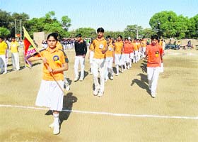 Students of Springbell Public School hold a parade to mark the annual sports meet of the school in Fatehabad