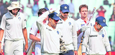 Team India members led by skipper MS Dhoni after the seven-wicket debacle to England in the third Test in Kolkata on Sunday