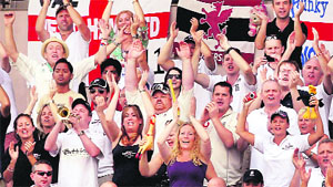Barmy Army cheers England team after the win.