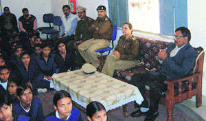 Senior Superintendent of Police Bharti Arora addresses a students� convention at Government Senior Secondary School, Masani village, Rewari, recently.